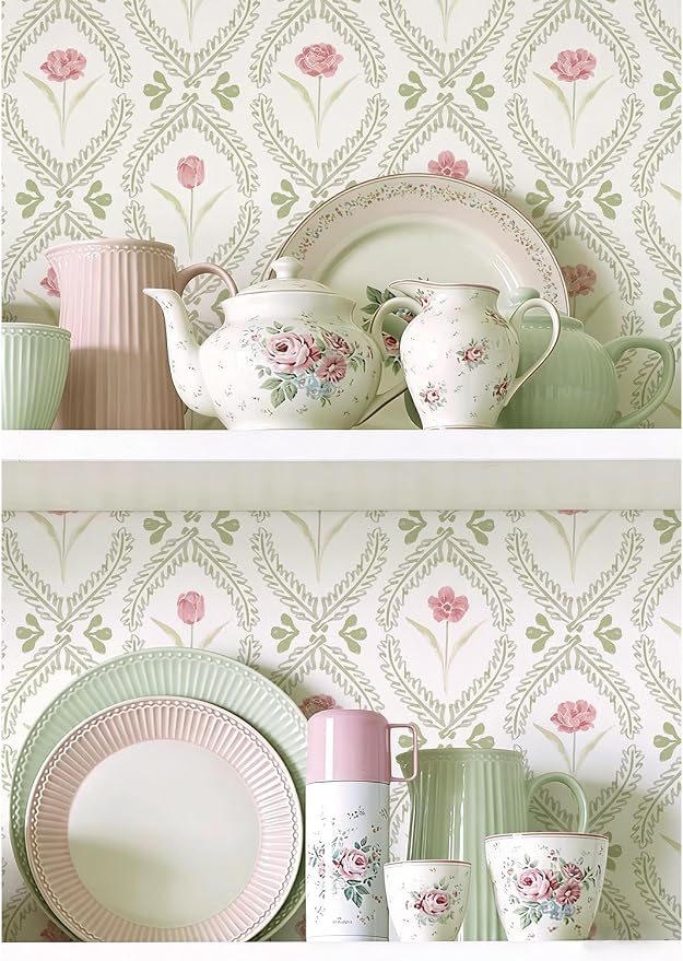 Orainege Peel and Stick Wallpaper Green Pink Floral Wallpaper | 16.9in x196.8in Leaf Contact Paper Vinyl Waterproof Self Adhesive Boho Botanical Wallpapers for Bedroom Living Room Decor - Image 6