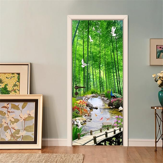 artfanke 3D Door Sticker Peel and Stick 33.5"x84.6"-Self-Adhesive Door Wallpaper Mural Decal-Green Bamboo Forest Doves Wall Poster for Bedroom Home Office Decor (2 Sheets/Set) - Image 2