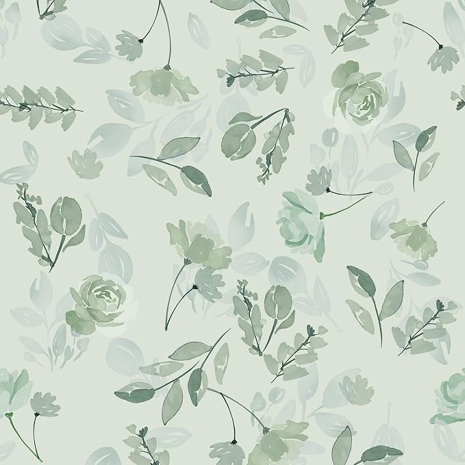 Sage Green Watercolor Floral Peel and Stick Wallpaper, 17.3" x 118" Removable & Waterproof Vinyl Wallpaper, Soft Pastel Flower Self-Adhesive Contact Paper for Nursery Bedroom Cabinets by SOONAFTER