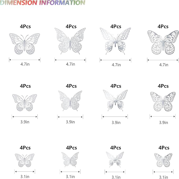 SAOROPEB 3D Butterfly Wall Decor, 48 Pcs 4 Styles 3 Sizes, Removable Metallic Wall Sticker Room Mural Decals for Kids Bedroom Nursery Classroom Party Decoration Wedding Decor DIY Gift (Sliver) | 4 Styles 3 Sizes, Removable Metallic Wall Sticker Mural D... - Image 5