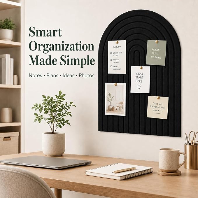Large Arched Felt Bulletin Board, Sized 36" x 24" for Office & Wall Decor – 6 Customizable Adhesive Tiles with Pins are Perfect to Display Your Photos (Black-A) - Image 7