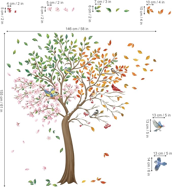 wondever Large Tree Wall Decals Tree with Flower Birds Wall Stickers （XL | Peel and Stick, Removable, Wall Art Decals, Wall Decoration, Living Room Bedroom, Office Sofa TV Home Wall Decor - Image 4