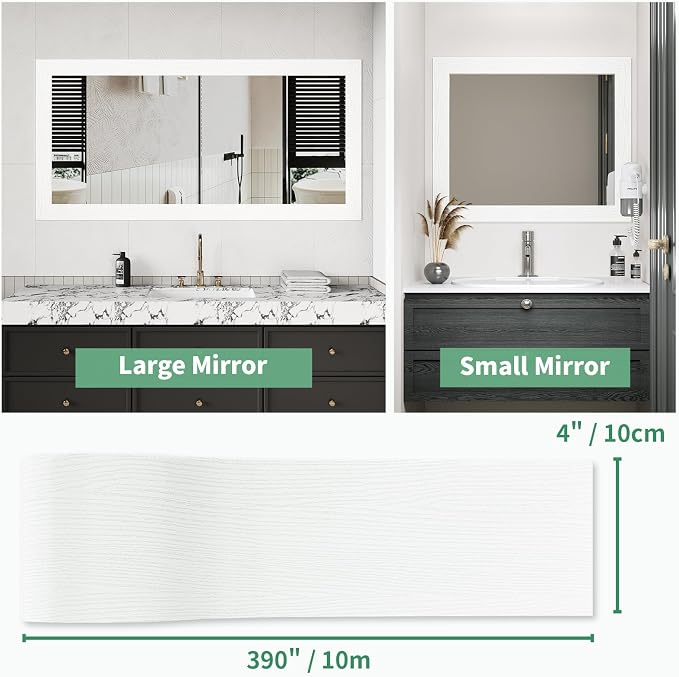 Peel and Stick Wallpaper Borders 390” x 4” Self Adhesive Mirror Frame Border Wood Grain DIY for Kitchen Bathroom Mirror Removal Border Sticker Wall Decor Cover 10.8 Sq.Ft, White Wood - Image 3