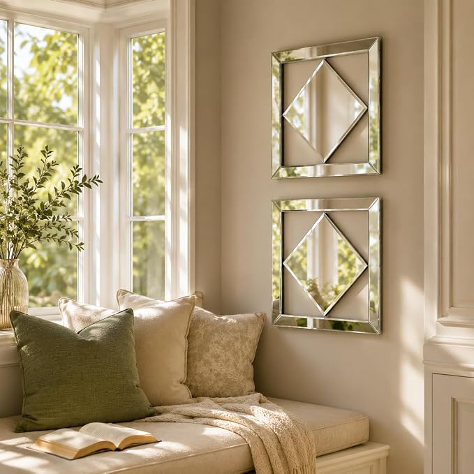 Square Decorative Wall Mirror 12 x 12 Inch, Silver Frameless Mirror Wall Decor with Beveled Edge, Modern Wall Mounted Accent Mirror for Living Room, Bedroom, Hallway, Set of 2 - Image 3