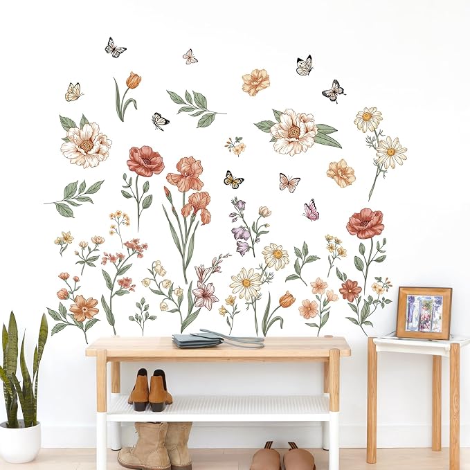 Watercolor Boho Flowers Wall Decals Wildflower Butterfly Garden Wall Stickers Removable Wall Art Decor for Living Room Bedroom - Image 2
