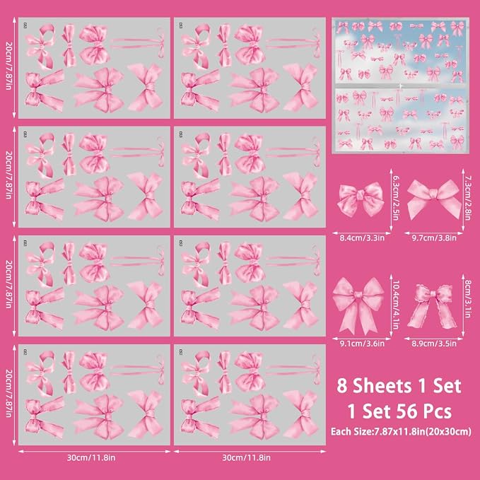Arawat 8Sheets/56 Pcs Pink Coquette Bow Room Decor for Bathroom Women Bedroom Aesthetic Room Decor Bow wall Decoration for Bedroom Pink Bows wall Stickers Decals Peel and Stick - Image 8