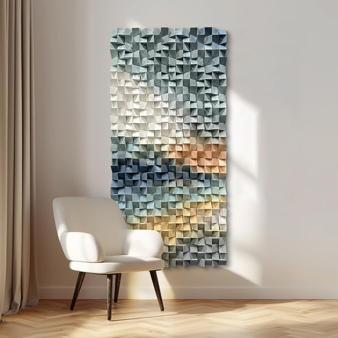 LIUZEYUE Extra Large Carved Wood Wall Art, Mosaic Texture, Wood Texture | geometric pine wall decor; stone gray and ochre, visual rhythm; office atrium tall-wall centerpiece; 39.4 x 78.7 in by Unknown