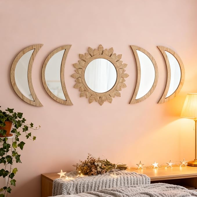 5 Pieces Moon Phase Mirror Wall-Mounted Wall Decor Mirrors Natural Wooden Sunburst Bohemian Wall Art for Home Living Room Bedroom Decoration (Natural) by CPCDACSK