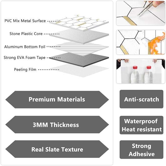 Vamos Tile Long Hexagon Peel and Stick Backsplash Tile - 10 Sheets Stick on Backsplash for Kitchen and Bathroom 12.4 x 12 Inch White Marble Look PVC Mixed Metal Gold Self Adhesive Mosaic Wall Tiles - Image 3