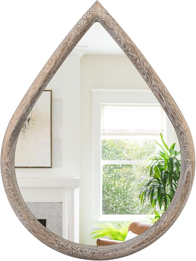 Small Mirror for Wall Solid Wood Bathroom Mirror Farmhouse Teardrop Wall Hanging Mirrors Decorative for Entryway Hallway Living Room Bedroom Retro Brown - Image 2