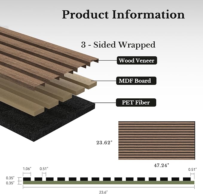MISSDAY Wood Slat Acoustic Wall Panels, 2 Packs 47.2" x 23.6" Walnut Soundproof Panel For Interior Wall Decor Noise Absorbing-3D Textured Wooden Panel Sound-Absorbing for Home, Office, Studio - Image 6