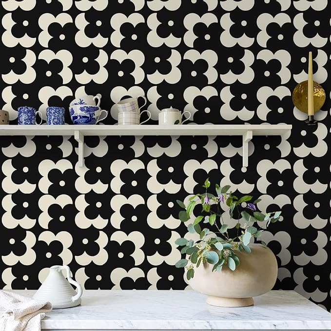 Ismoon Geometric Peel and Stick Wallpaper Boho Black and Beige Contact Paper 197"x17.3" Vintage Floral Wallpaper Removable Self-Adhesive Wall Paper Waterproof for Bathroom Wall Decor Vinyl - Image 3