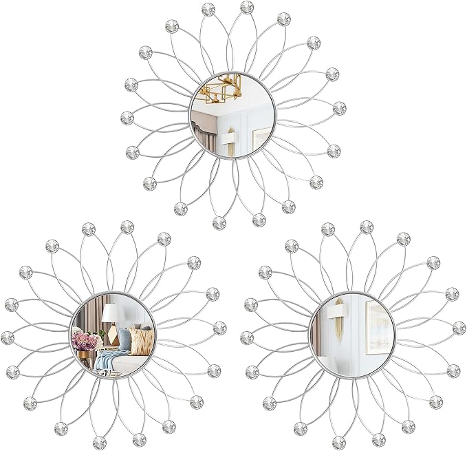3 Pack Metal Mirrors for Wall Sunburst Wall Mirrors Home Décor Decorative Hanging Wall Art for Living Room Bedroom Entryway (Silver2 Crystal, Flowers) by Uaussi