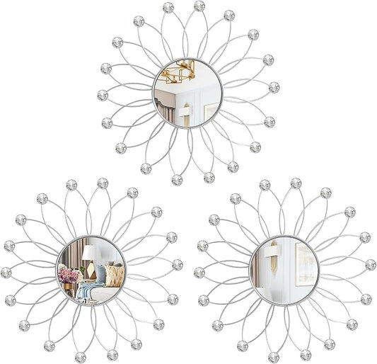 3 Pack Metal Mirrors for Wall Sunburst Wall Mirrors Home Décor Decorative Hanging Wall Art for Living Room Bedroom Entryway (Silver2 Crystal, Flowers) by Uaussi