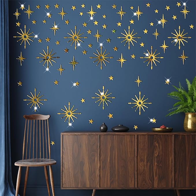 Star Wall Decals MCM Starburst Stickers Golden Mirror Decal Peel and Stick | Celestial decor, sparkle wall stickers, modern mid century decor, removable art mural, for kids bedroom living room farmhouse by Easma