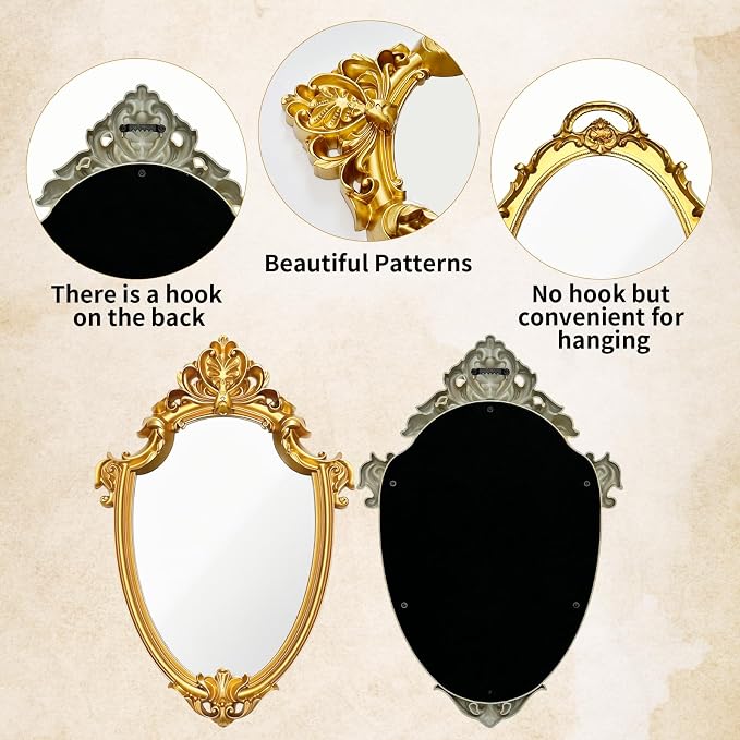 4 PCS Vintage Gold Mirror Set Vintage Mirrors for Wall Antique Shield Shape Square Oval Decorative Mirror Jewelry Dresser Organizer Tray for Living Room Bedroom Wedding Desktop Photography Decoration - Image 3