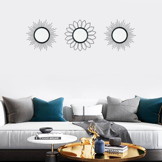 3 Pack Metal Mirrors for Wall Sunburst Wall Mirrors Home Décor Decorative Hanging Wall Art for Living Room Bedroom Entryway (Black, Flower+Sunburst) - Image 5