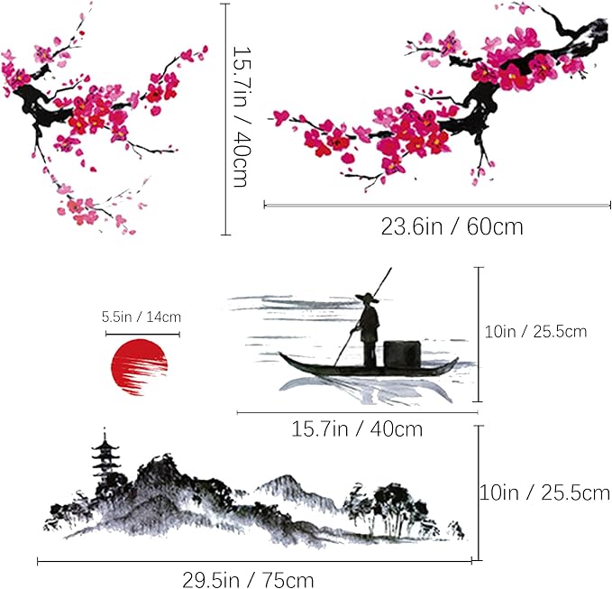 Large Japanese Wall Decor Stickers, BWCXXZH Red Cherry Blossom Tree Wall Murals Mountain River Fisherman Peel and Stick 3D Art Stickers for Girls Bedroom Nursery Living Room TV Home Decor - Image 2
