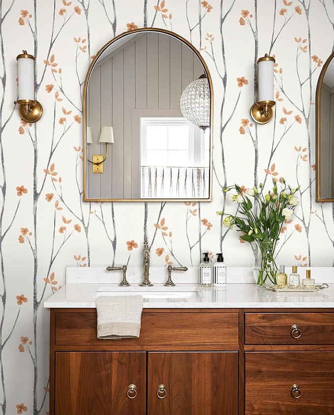Timeet Boho Peel and Stick Wallpaper Floral Wall Paper Tree Contact Paper White and Orange Clearance Removable Self Adhesive Thicken Eco-Friendly Deacoral Bedroom Bathroom 16.14"x78.7" - Image 6