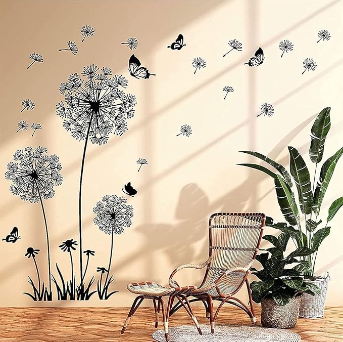 Runtoo Black Dandelion Wall Art Stickers - Large Flower Butterfly Wall Decals for Bedroom & Living Room by Runtoo
