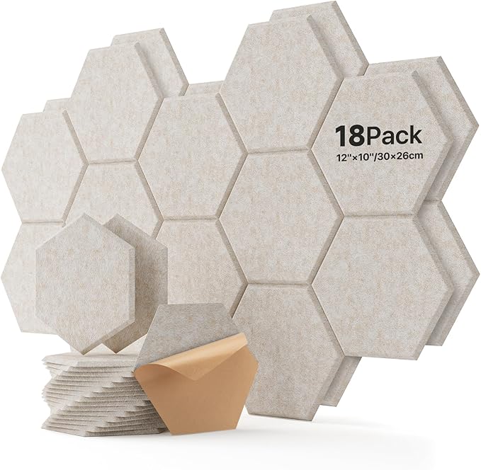 Soundsbay Hexagon Acoustic Panels, Self-Adhesive 18 Pack Sound Panels | 150kg/m³ High-Density Polyester, Covers 15 sq ft Soundproof Wall Panels for Walls, Office, Ceiling 12" X 10" Beige by Soundsbay