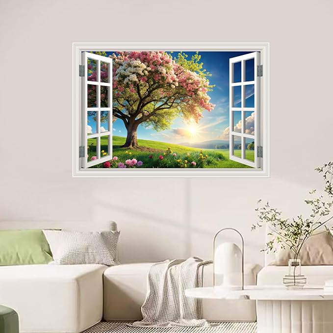 Fake Window Wall Mural Spring Green Flowers Tree Art Poster Faux Window Wall Sticker for Office Home Room Decor, Peel and Stick Wall Decals 24" x 16" - Image 5