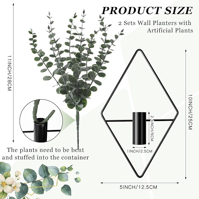Jexine 4 Pcs Hanging Artificial Planters Wall Decor, Black, Eucalyptus | Bathroom Wall Decor, Geometric Metal Vase, Indoor Plants, Living Room, Home Office, Entryway, Boho Accent, Wall Mounted - Image 2