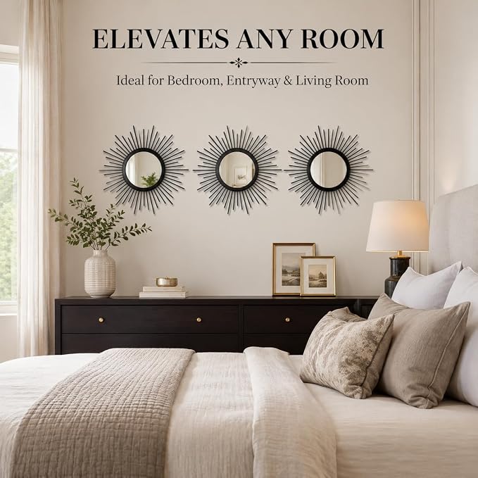 Black Sunburst Mirror Set of 3, 3PCS Metal Round Decorative Wall Mirrors, Starburst Accent Mirror Wall Decor for Living Room, Entryway, Bedroom & Hallway - Image 3