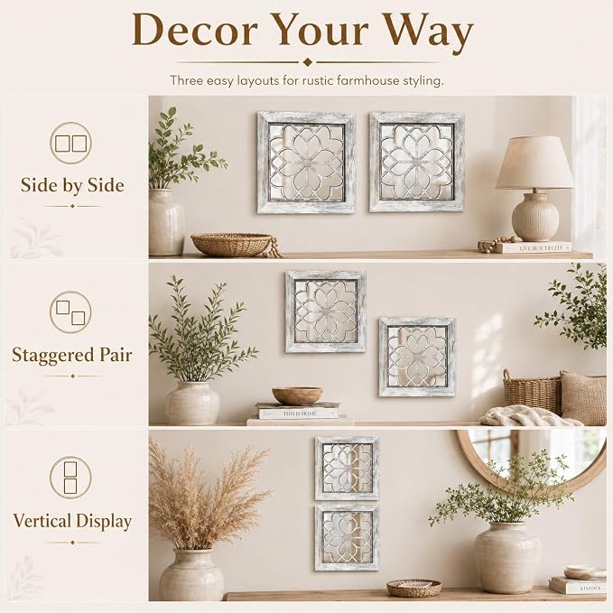 Boho Wall Mirror Decor, Set of 2 Rustic Farmhouse Accent Mirrors 12x12 Inch, Square Acrylic Shatterproof Vintage Style Mirror for Wall, Small Decorative Mirrors for Living Room, Bedroom, Grey - Image 7