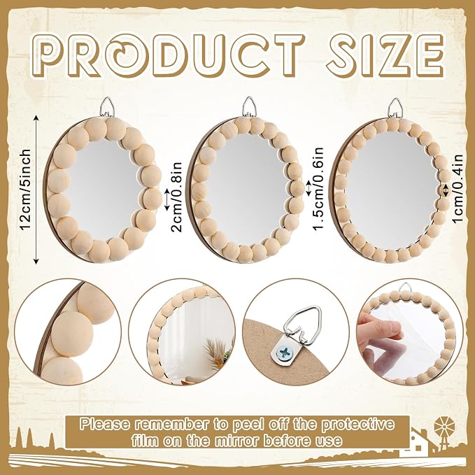 Novabright 3 Pcs Boho Mirror Wall Decor 4.72 Inch Small Round Circle Decorative Mirrors with Wood Bead Hanging Wall Art for Farmhouse Rustic Home Living Room, Bedroom, Bathroom, Entryway - Image 4