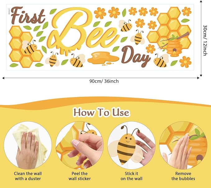LHIUEM First Bee Day Birthday Party Decals for Baby Shower Balloon Arch Backdrop Baby Boy or Girl One Bee Stickers Yellow 1st Bees Day Sweet Happy Birthday Decoration for Centerpieces Party Supplies - Image 7