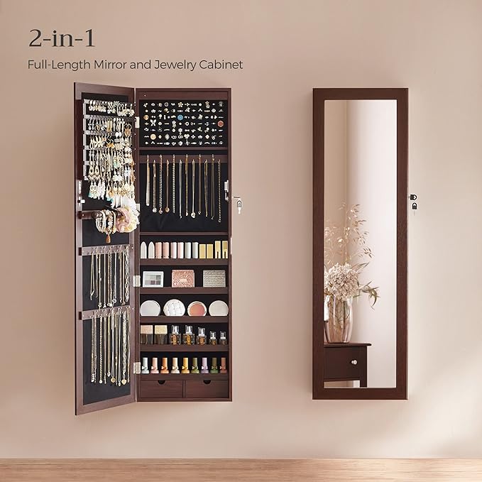 SONGMICS 6 LEDs Mirror Jewelry Cabinet, 47.2-Inch Tall, Lockable - Image 3
