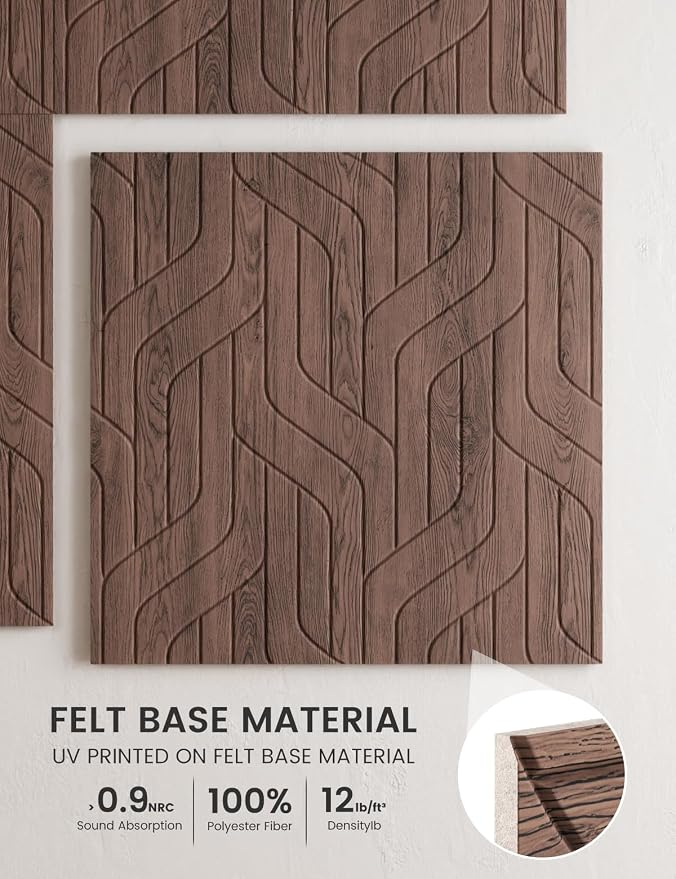 Fluxynara 6-Pack Large Felt Bulletin Board, Walnut Artistic | 70.87" x 47.24" Cork Board Alternative, Acoustic Wall Panels with 60 Adhesive Tabs for Recording Studios and Home Offices - Image 3