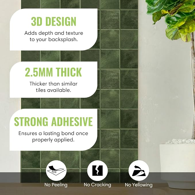 Select 5 Pack Peel and Stick Backsplash Square Tiles, 12x12 in, Green | Extra Thick 3D Wall Panels, Heat & Water Resistant, Easy DIY Kitchen, Bathroom, Laundry, Fireplace & Rental Home Wall Décor - Image 2