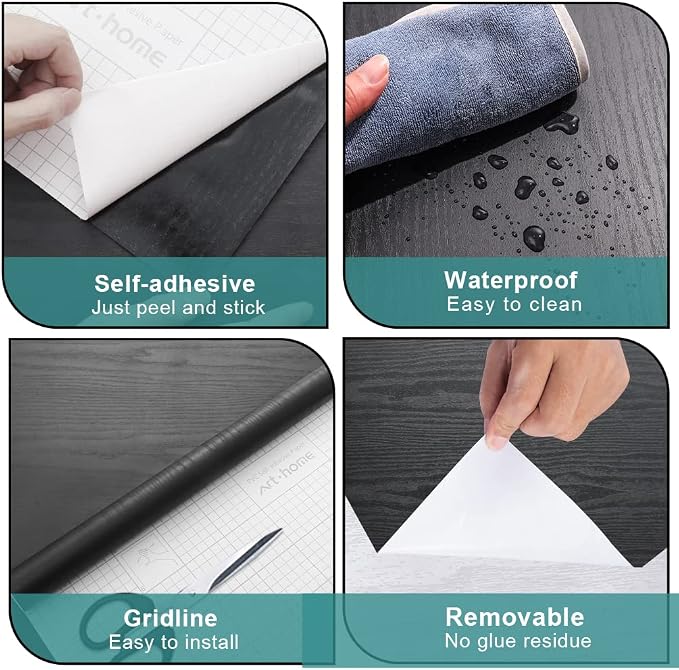 Arthome Peel and Stick Wallpaper - Black Wood Contact - Black Wallpaper - Self-Adhesive & Removable Wall Paper for Countertop Furniture Kitchen, Countertop Contact Paper, Easy to Clean, (17"x120") - Image 5
