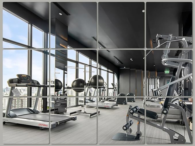 JAMBALAY Home Gym Mirrors for Gym, 12Pcs 12″×12″ Square HD Glass Full Length Wall Mirror Tiles, Self Adhesive Frameless Wall Mirror for Bedroom, Living Room, Over The Door by JAMBALAY