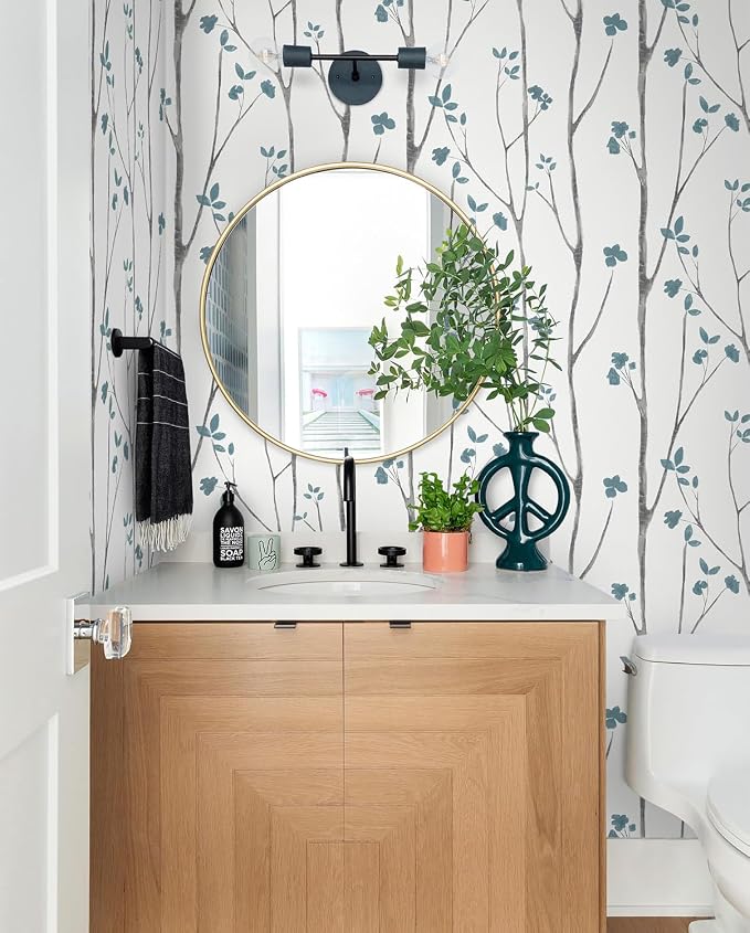 Timeet Blue White Floral Leaf Boho Wallpaper 16.14"x118.11" Self-Adhesive Removable for Bathroom, Kitchen, Bedroom - Image 2