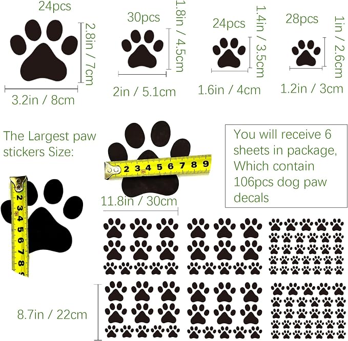 106 Pcs Black Paw Print Stickers Wall Decor, Dog Paw Stickers Removable Art Vinyl Door Decal Wallpaper for Family Bedroom Living Room Home Decorations Animal Tracks Decor - Image 3