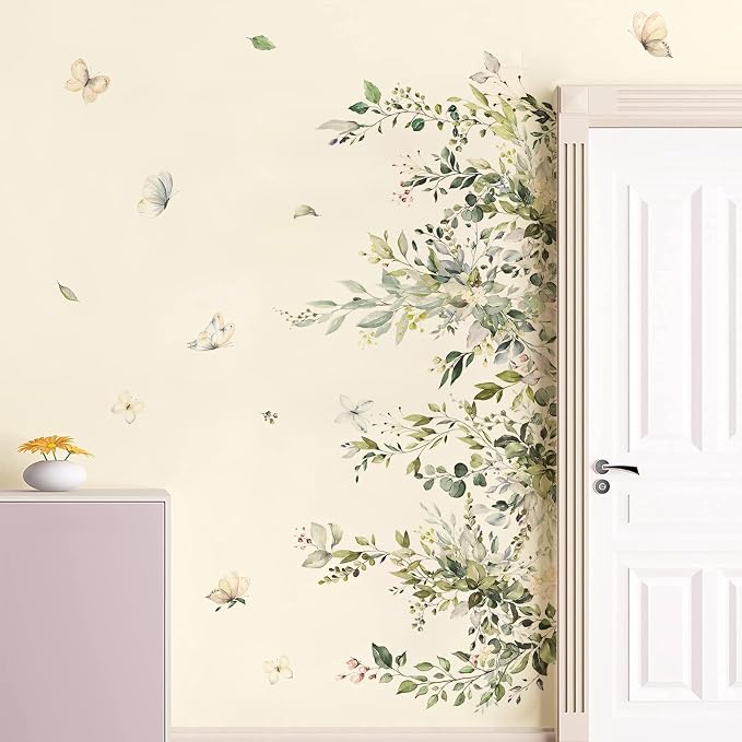 Supzone Hanging Green Leaves Wall Decals - Watercolor Plants Stickers, Large Floral Butterfly Decor, DIY Vinyl Mural Art for Bedroom, Living Room, Offices, Sofa, TV Backdrop - Image 3