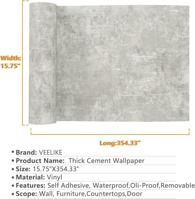 VEELIKE 15.7''x354'' Concrete Contact Paper for Countertops Waterproof Light Concrete Wallpaper Textured Peel and Stick Limewash Wallpaper Self Adhesive Cement Murals Removable for Cabinets Furniture - Image 2