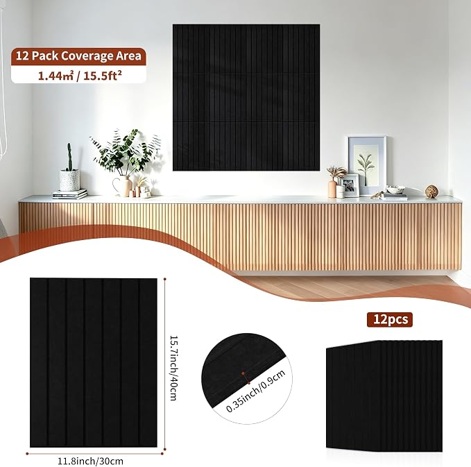 TO-TH Sound Proof Wall Panels 12 Pack Peel and Stick Acoustic Panel, Black | Self-Adhesive, Reduce Echo & Flutter, Polyester Fiber, 11.8"×15.7"×0.35", Sound Absorbing Panel for Indoor Acoustic Treatment - Image 6