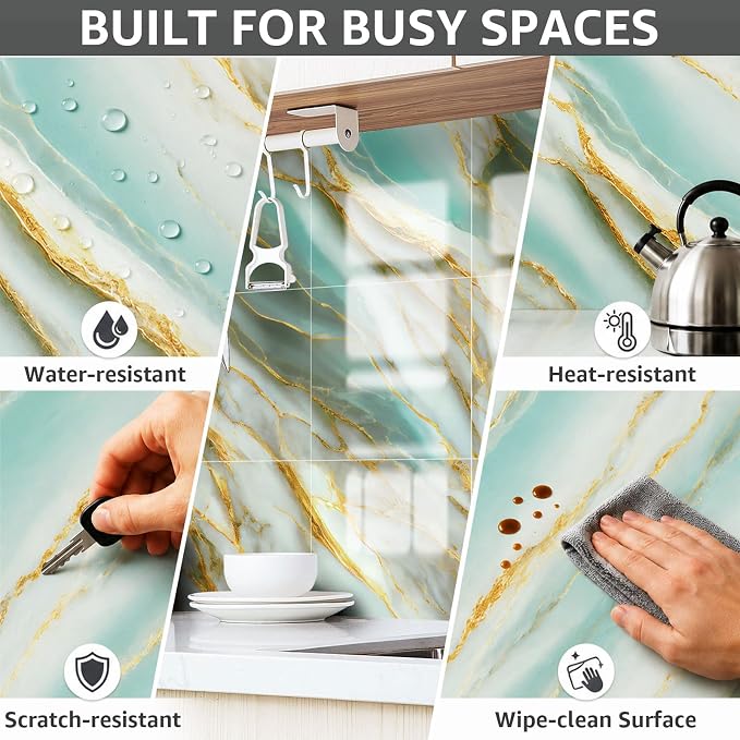 WADILE 20PC Waterproof Peel and Stick Wall Panels 11.8 x 11.8 Green | Marble look, Self adhesive, PVC Panels, Lightweight Foam Wall Panels, Bathroom, Kitchen, Not Real Tile - Image 5