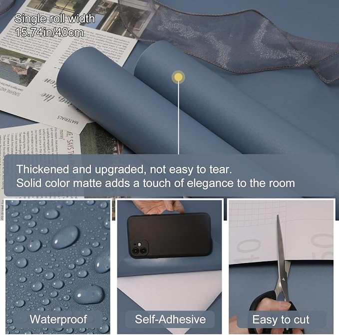 Navy Blue Peel and Stick Wallpaper Solid Blue Contact Paper A Set of 15.7"x236" Matte Self Adhesive Waterproof Vinyl Roll for Wall Coverings,Cabinets,Countertops,Bedroom,Kitchen - Image 2