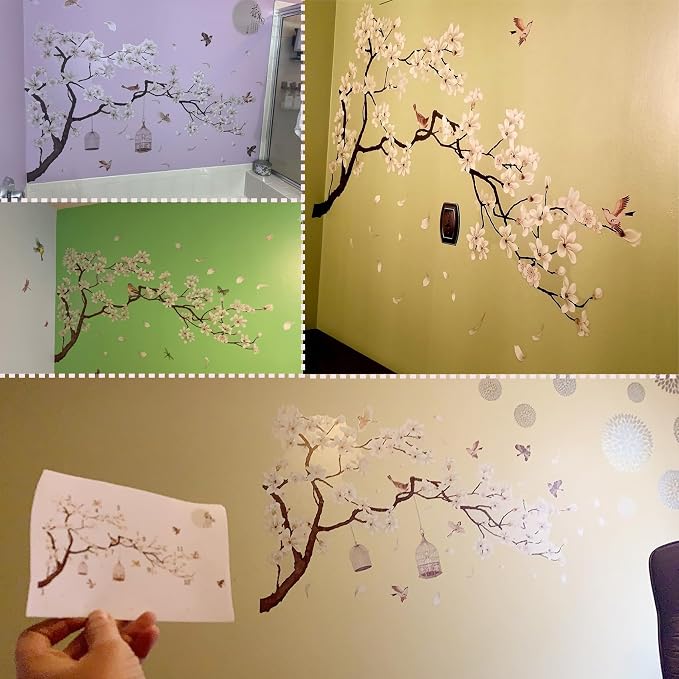 Large Chinese Style White Flowers Wall Stickers with Black Tree Flying Birds Wall Decals, Removable DIY Wall Art Decor Murals for Offices Living Room Bedroom Study Room Home Walls Decoration, 50x74in - Image 5