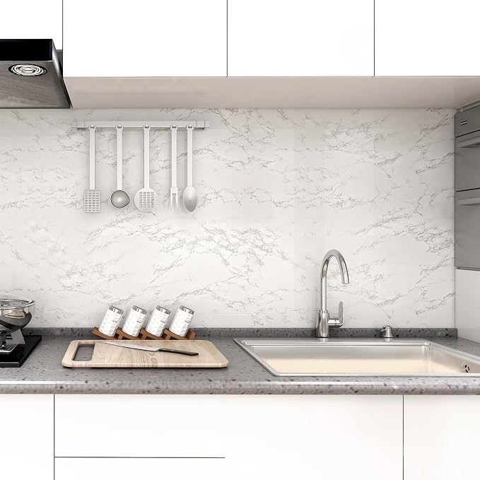 Marble Contact Paper White Peel and Stick Wallpaper for Kitchen Countertop | 15.7" x 236.2" Gray Granite Self Adhesive Removable Vinyl Roll Wall Paper for Kitchen Backsplash Cabinets and Drawer - Image 3