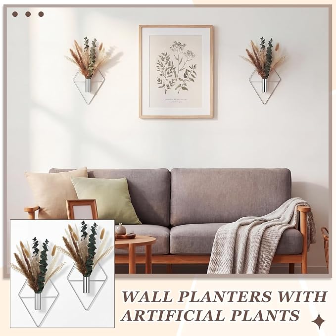 Jexine 8 Pcs Hanging Artificial Planters Wall Decor, Chrome Silver, Pampas | Bathroom Wall Decor, Geometric Metal Vase, Indoor Plants, Living Room, Home Office, Entryway, Boho Accent, Wall Mounted - Image 7