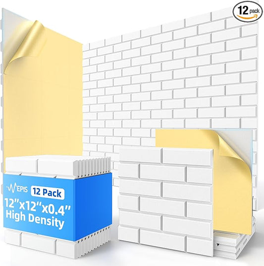 12 Pack Acoustic Panels with Self Adhesive Sound Proof Foam Panels for Wall | 12" X 12" X 0.4" High Density Soundproof Wall Panels, Brick Sound Absorbing Panels for Home Studio Office Decor - White by NEPIS