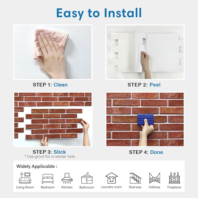COMSTICKC 3D Faux Brick Wall Panels Peel and Stick Decorative Tiles Sticker | Red, 12 Pcs 22.8" x 11.8", Not Real Brick, Ultra-Light Thin PVC Fake Brick Backsplsh for DIY Wall Makeover, Cover 22.48 sq ft - Image 8
