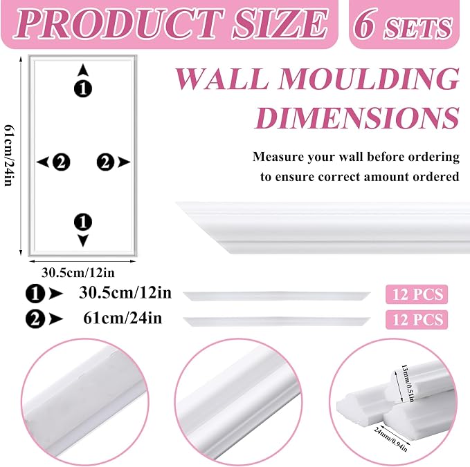 Colingmill Accent Wall Molding Kit Premade Panel,6set,12x24in | Wainscoting Panels, Peel and Stick, Wall Moulding, 3D, White, Pre Cut Picture Frame Trim, for Walls Home Decoration - Image 2
