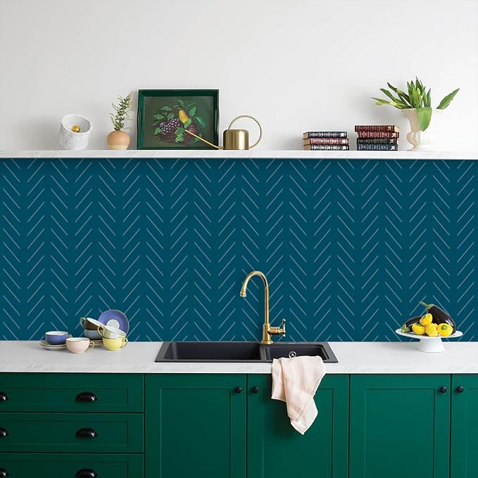 Orainege Blue Peel and Stick Wallpaper Navy Wallpaper Self Adhesive | 17.7 in x393.7 in Blue Contact Paper Herringbone Geometric Wallpaper Peel and Stick Removable Vinyl Wall Paper for Bathroom - Image 6